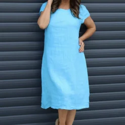 Mabel Cap Sleeve Linen Dress Kingfisher