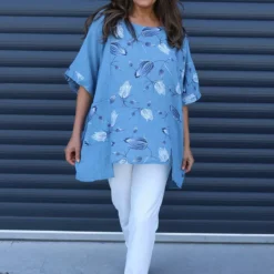 Floria Print Cotton Top Blue