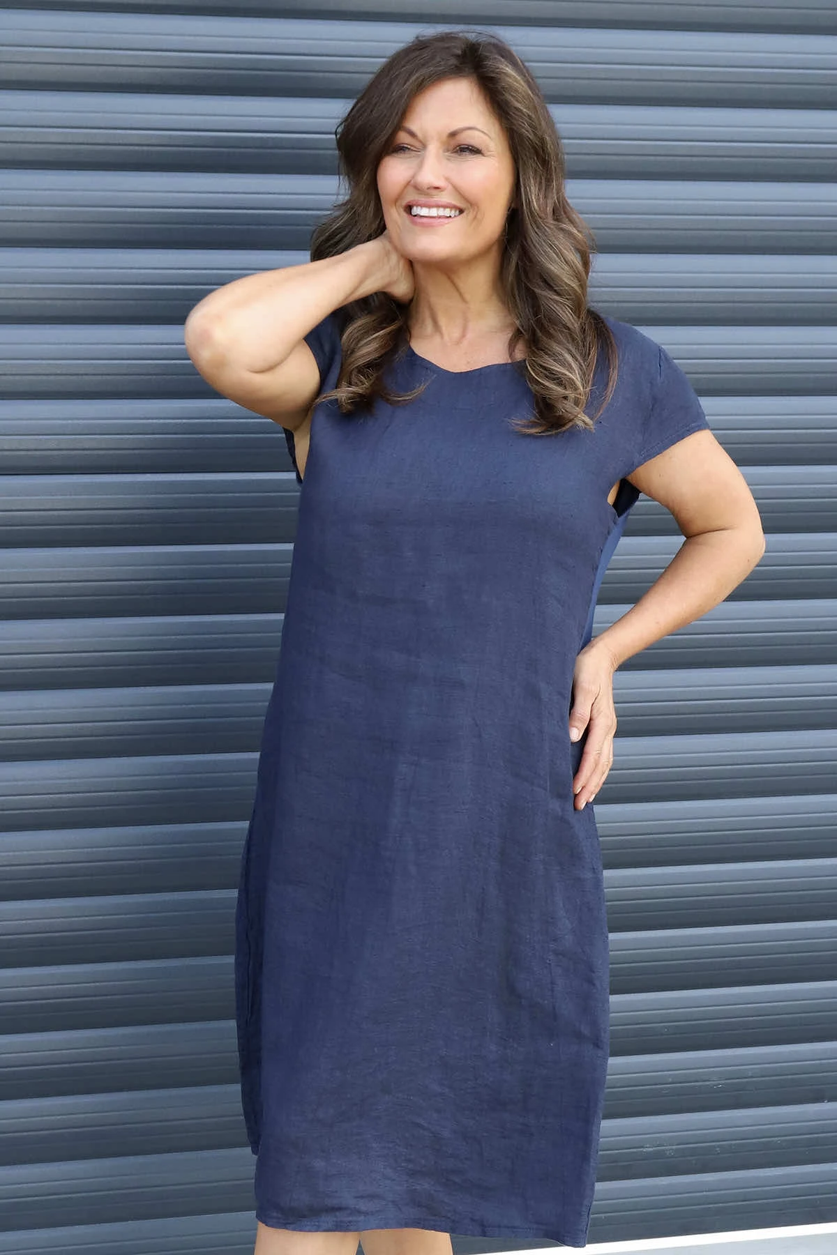 Mabel Cap Sleeve Linen Dress Navy 4 Mabel Cap Sleeve Linen Dress Navy - Image 2