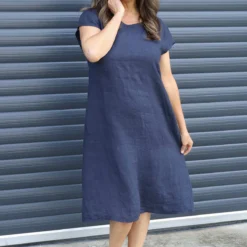 Mabel Cap Sleeve Linen Dress Navy