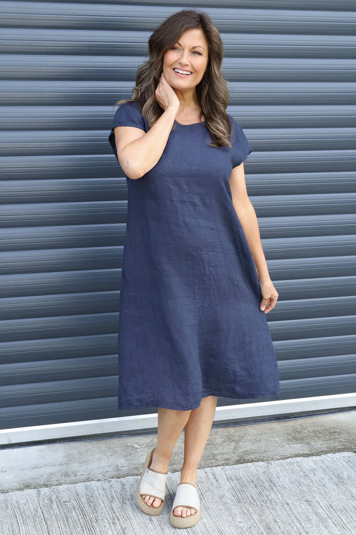 Mabel Cap Sleeve Linen Dress Navy 3 Mabel Cap Sleeve Linen Dress Navy