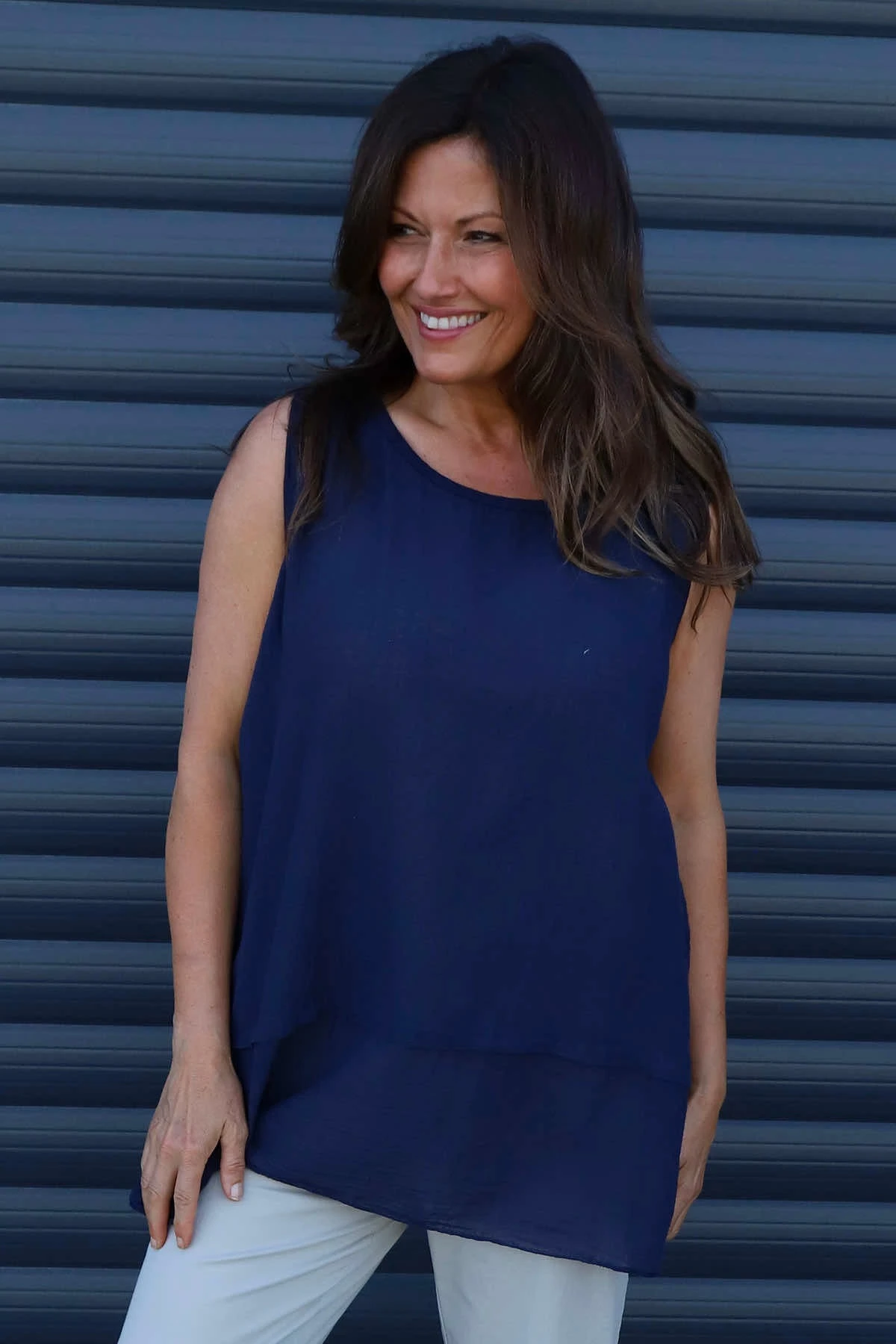 Perla Sleeveless Cotton Top Navy 4 Perla Sleeveless Cotton Top Navy - Image 2