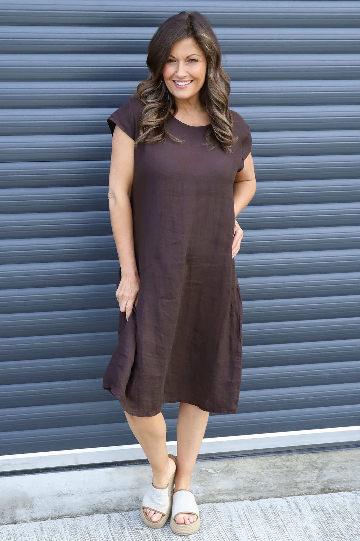 Mabel Cap Sleeve Linen Dress Cocoa 3 Mabel Cap Sleeve Linen Dress Cocoa