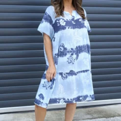 Erminia V-Neck Print Cotton Tunic Light Blue