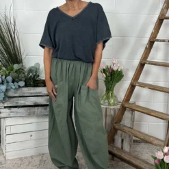 Clarisse Button Pocket Linen Trousers Khaki