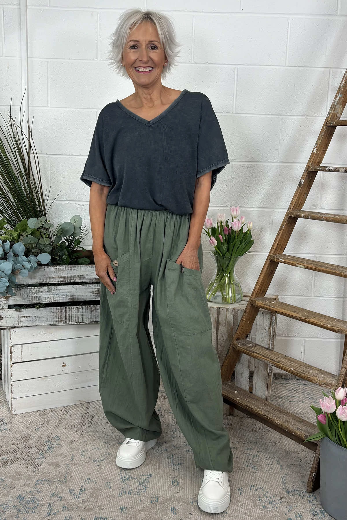 Clarisse Button Pocket Linen Trousers Khaki 3 Clarisse Button Pocket Linen Trousers Khaki
