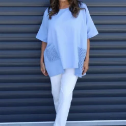 Cressida Crochet Detail Linen Top Powder Blue