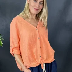 Giulia Crinkle Cotton Shirt Orange