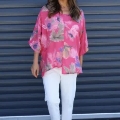 Isolde Botanical Print Linen Top Fuchsia