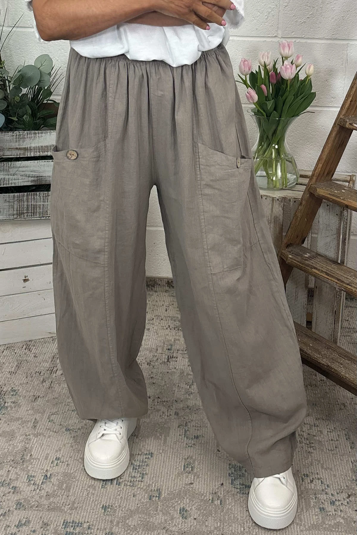Clarisse Button Pocket Linen Trousers Mocha 4 Clarisse Button Pocket Linen Trousers Mocha - Image 2