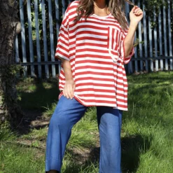Ariande Stripe Pocket Top Red