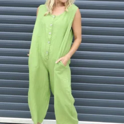 Margot Sleeveless Linen Jumpsuit Green