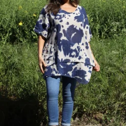 Trevone Ink Print Linen Top Stone