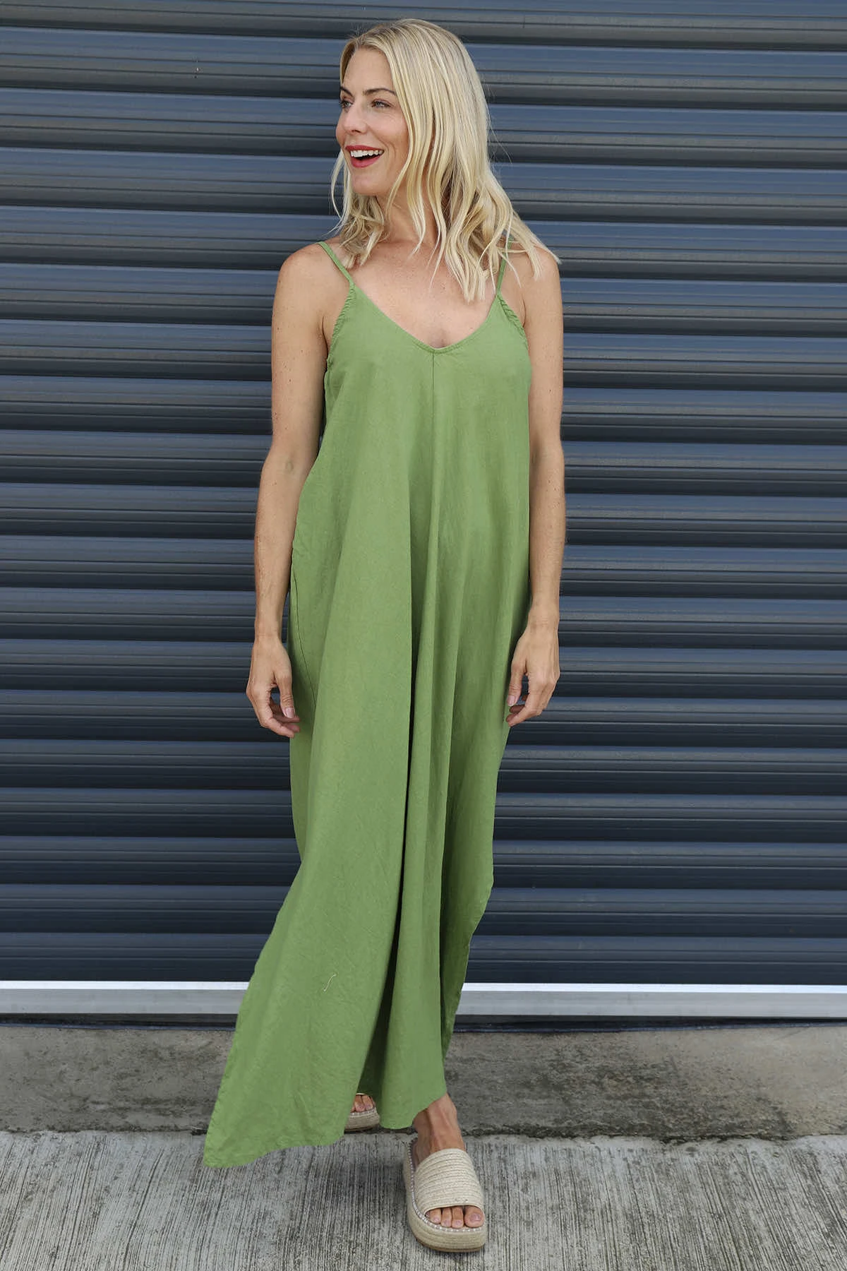 Cesca Strap Linen Dress Olive 4 Cesca Strap Linen Dress Olive - Image 2