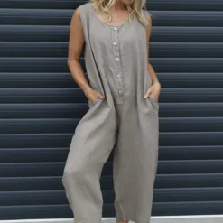 Margot Sleeveless Linen Jumpsuit Mocha