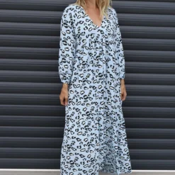 Izarra Leopard Print Dress Light Blue