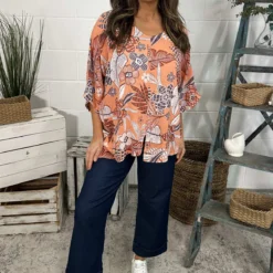 Isolde Print Linen Top Orange