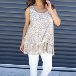 Anabella Leopard Print Sleeveless Top Stone