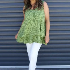 Anabella Leopard Print Sleeveless Top Green