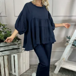 Bingham Tiered Cotton Top Navy