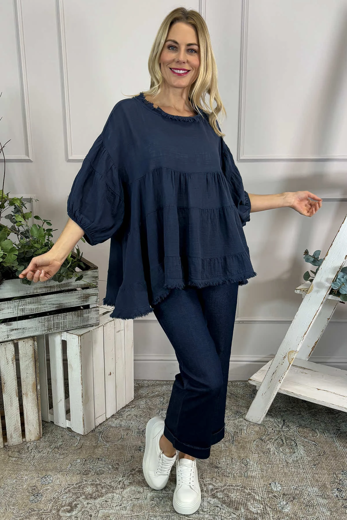 Bingham Tiered Cotton Top Navy 3 Bingham Tiered Cotton Top Navy