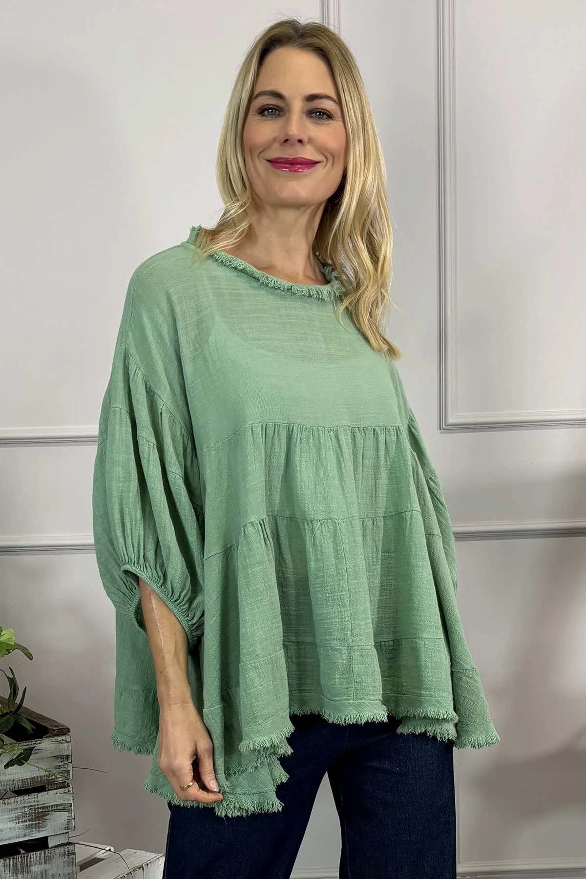 Bingham Tiered Cotton Top Green 4 Bingham Tiered Cotton Top Green - Image 2