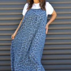 Lantic Strap Leopard Print Denim Dress Mid Denim