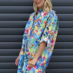 Amelia Bouquet Print Cotton Shirt Blue