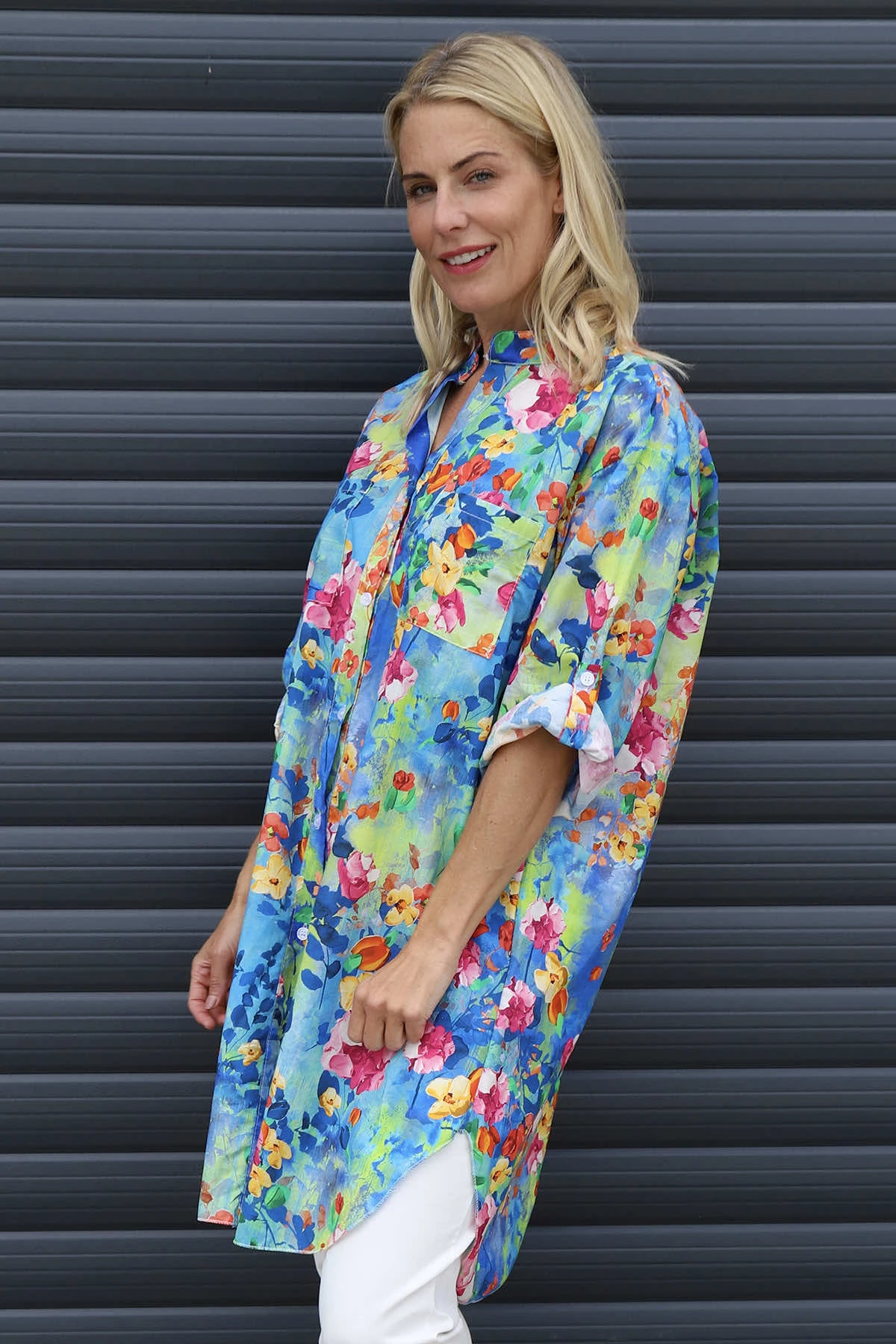 Amelia Bouquet Print Cotton Shirt Blue 3 Amelia Bouquet Print Cotton Shirt Blue