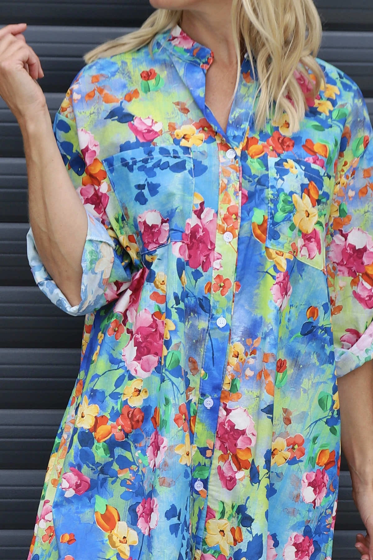 Amelia Bouquet Print Cotton Shirt Blue 5 Amelia Bouquet Print Cotton Shirt Blue - Image 3