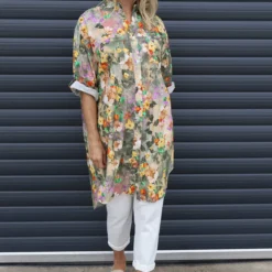 Amelia Bouquet Print Cotton Shirt Khaki