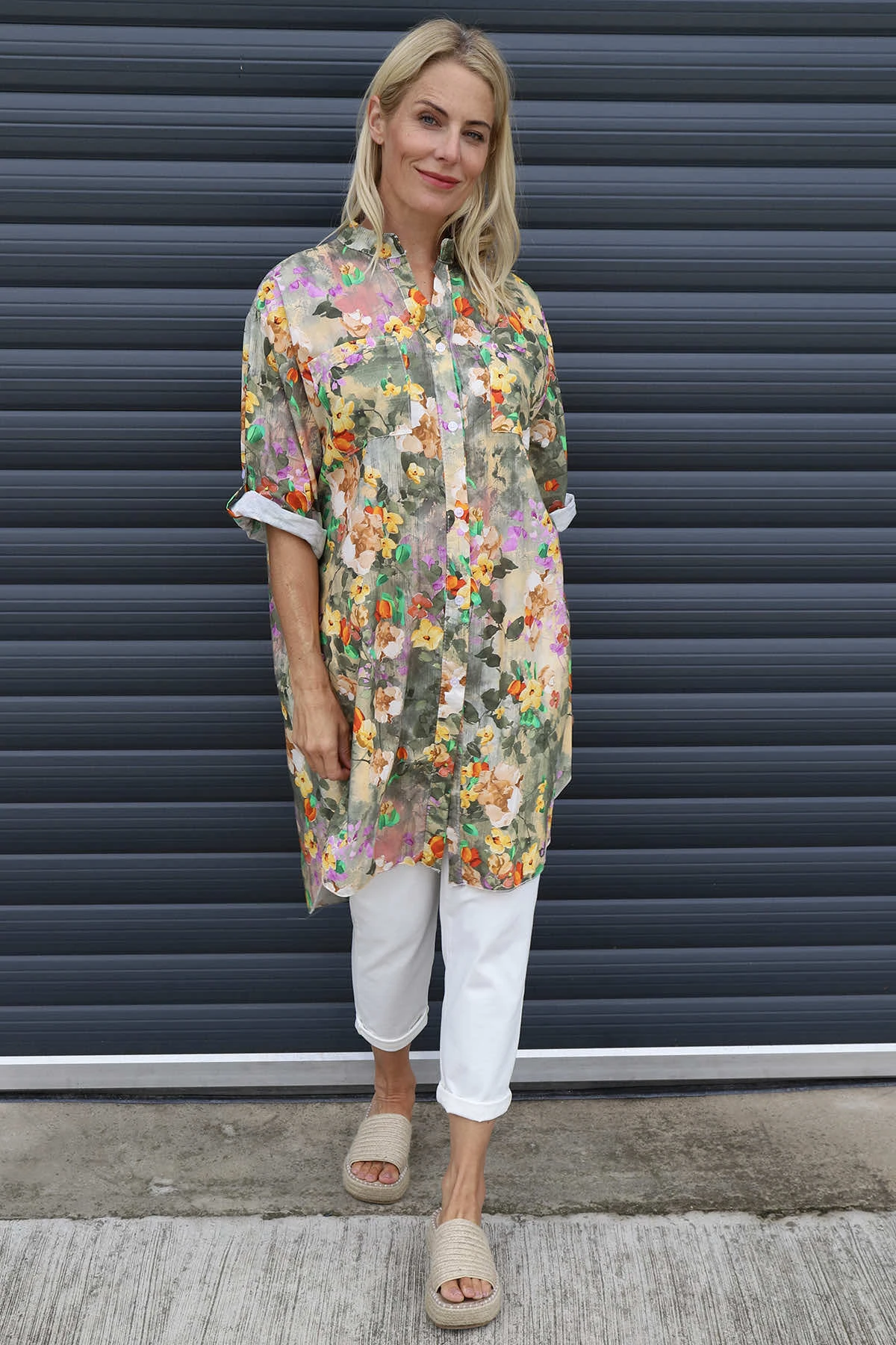 Amelia Bouquet Print Cotton Shirt Khaki 3 Amelia Bouquet Print Cotton Shirt Khaki