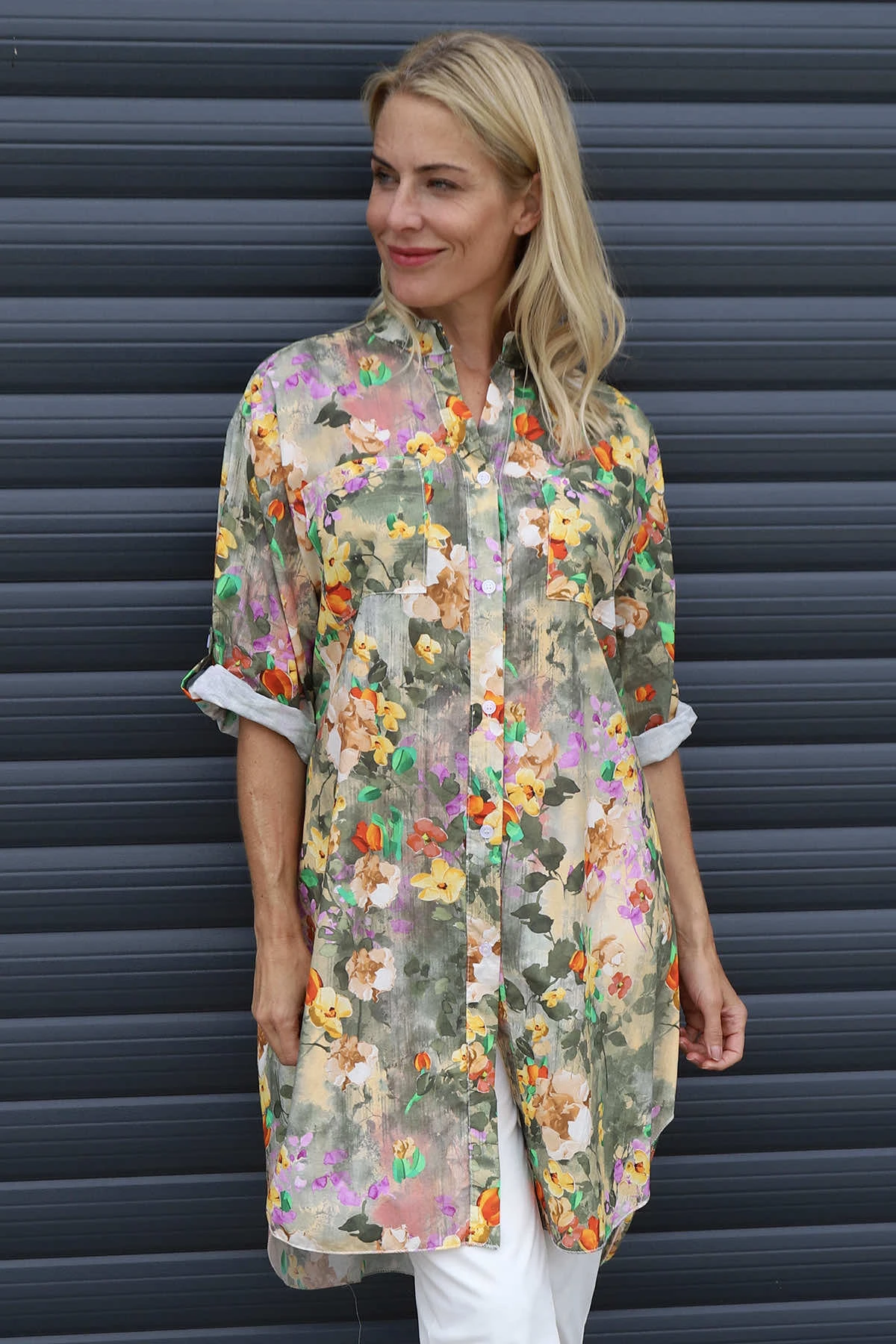 Amelia Bouquet Print Cotton Shirt Khaki 4 Amelia Bouquet Print Cotton Shirt Khaki - Image 2