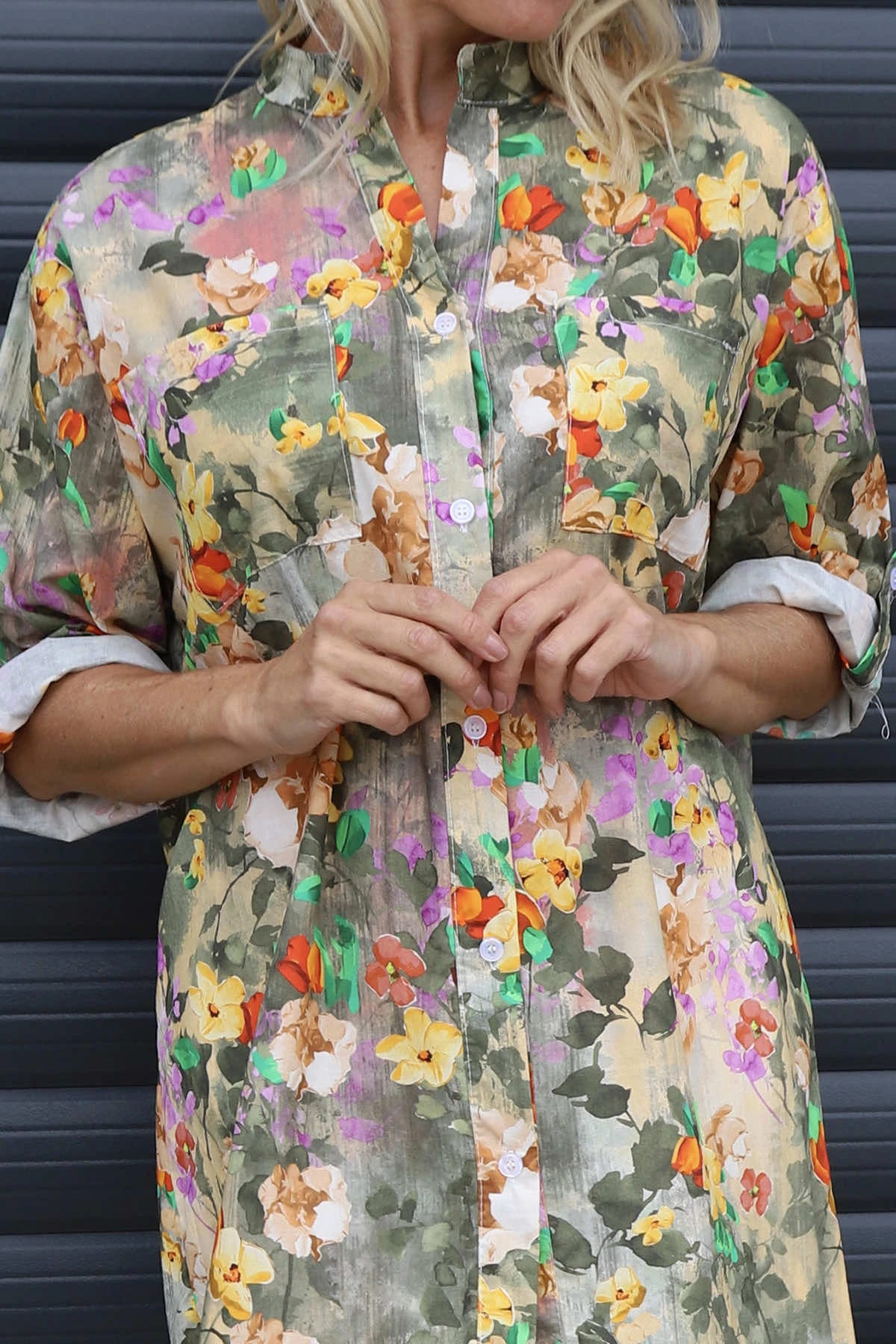 Amelia Bouquet Print Cotton Shirt Khaki 5 Amelia Bouquet Print Cotton Shirt Khaki - Image 3