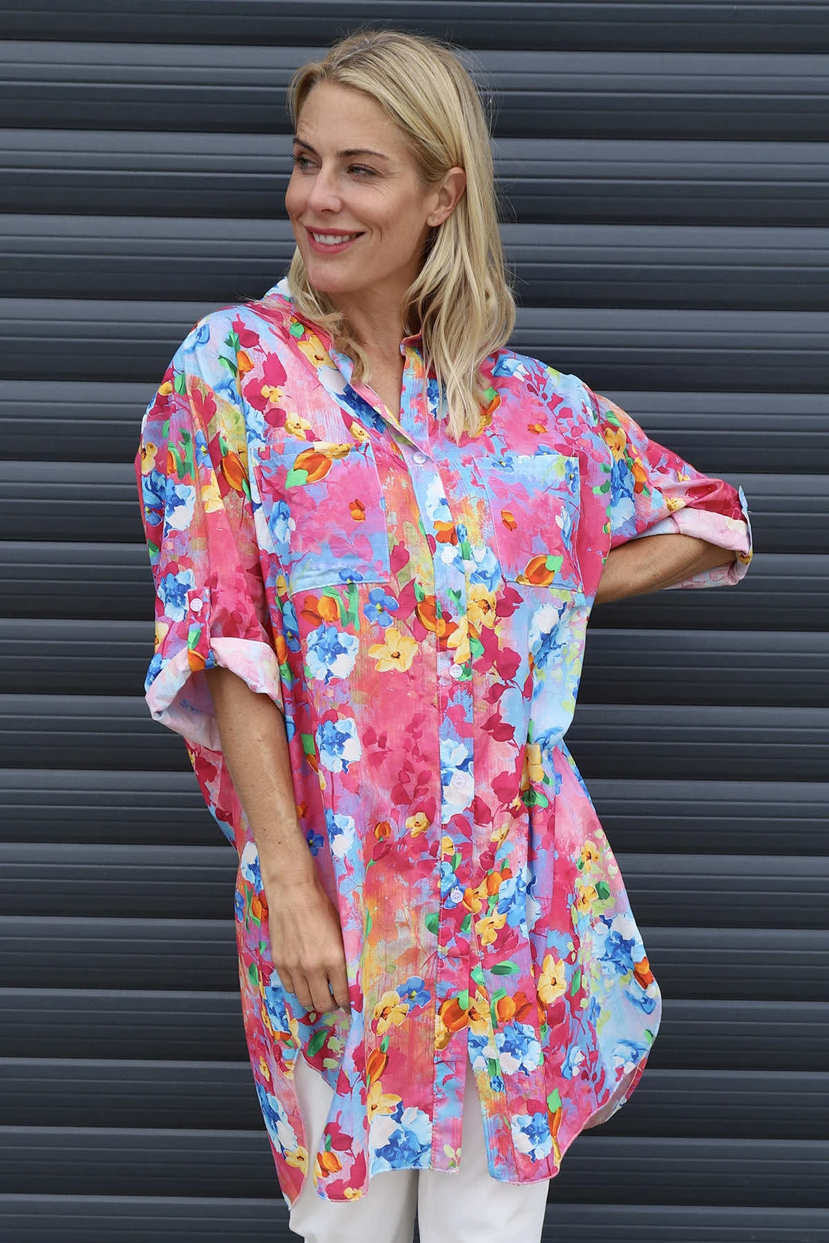 Amelia Bouquet Print Cotton Shirt Fuchsia 4 Amelia Bouquet Print Cotton Shirt Fuchsia - Image 2