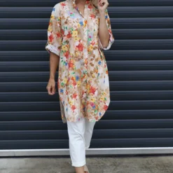 Amelia Bouquet Print Cotton Shirt Camel