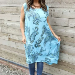 Carrie Sleeveless Pattern Cotton Dress Kingfisher