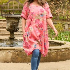 Jolee Floral Print Linen Dress Coral