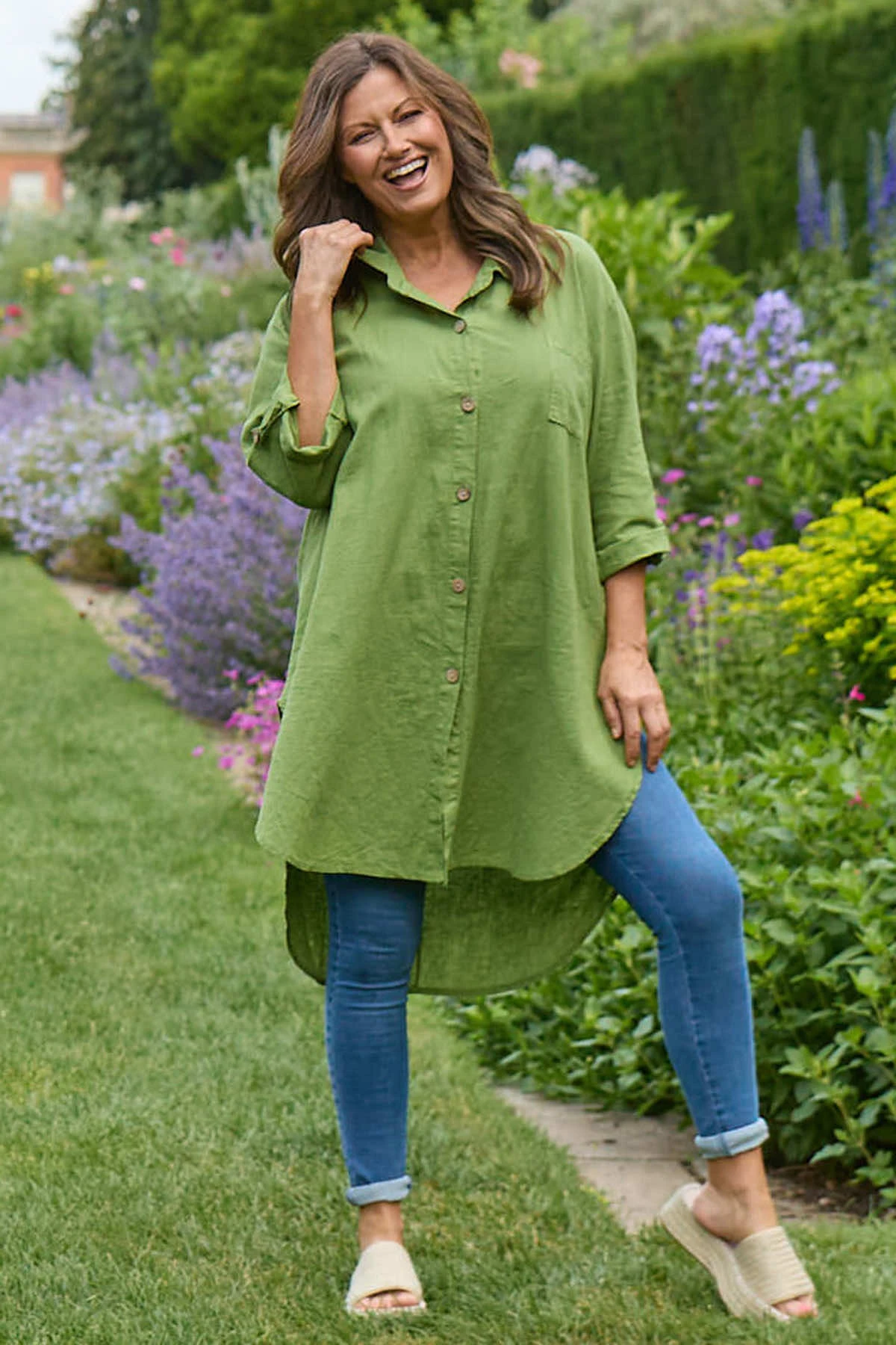 Mariabella Longline Linen Shirt Olive 3 Mariabella Longline Linen Shirt Olive