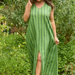 Enza Linen Sleeveless Stripe Dress Green