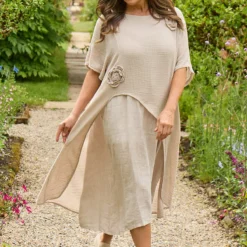 Lulworth Layered Rosette Linen Dress Stone