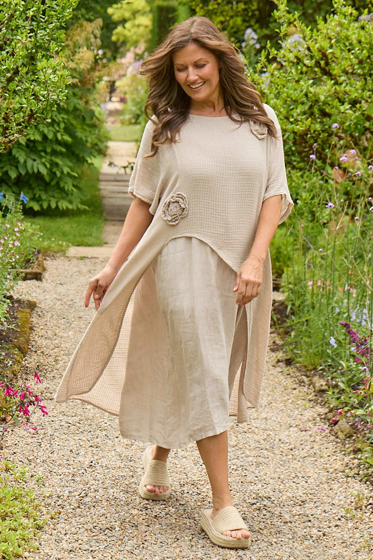 Lulworth Layered Rosette Linen Dress Stone 3 Lulworth Layered Rosette Linen Dress Stone