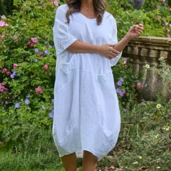 Cadie Crochet Detail Linen Dress White